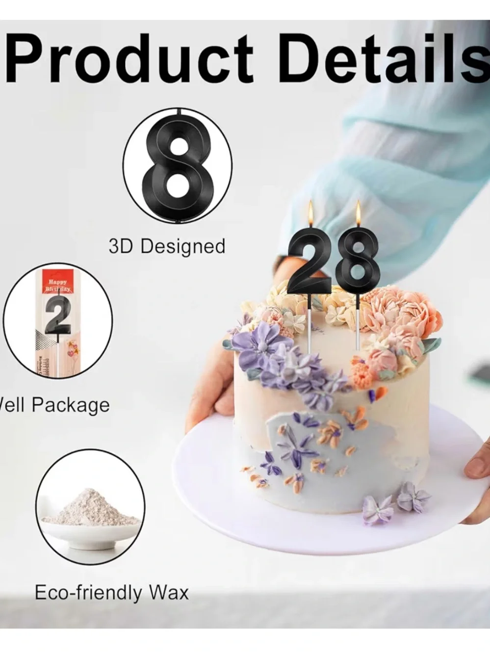 Black Number 28 Candles & Happy Birthday Cake Toppers
